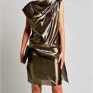 Asymmetrical Gold Sheath Dress with Ruched Details for Cocktail